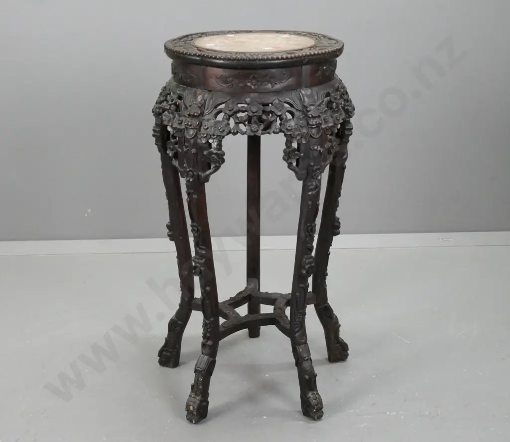 Chinese hardwood plant stand w/ marble insert in top, pierced carved floral panels, 5 carved legs on carved dragon feet Image 1++
