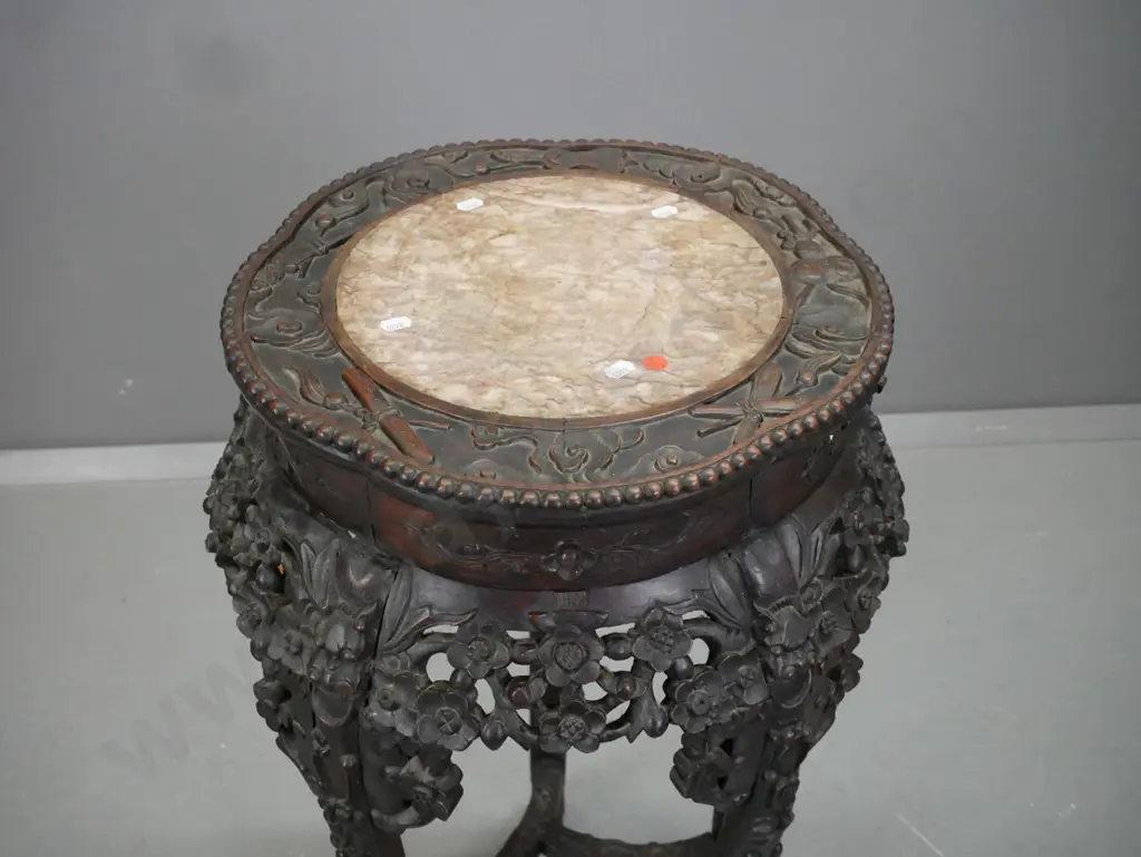 Chinese hardwood plant stand w/ marble insert in top, pierced carved floral panels, 5 carved legs on carved dragon feet Image 1++