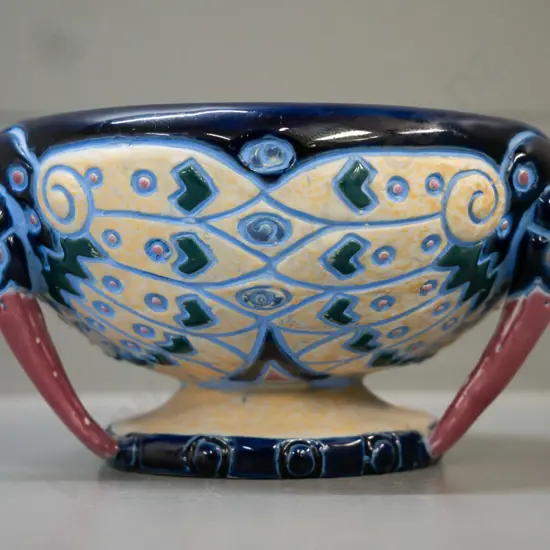 Small Amphora bowl made in Czechoslovakia w/ stylised bird motif & beak-shaped handles [some crazing to inside] H-75