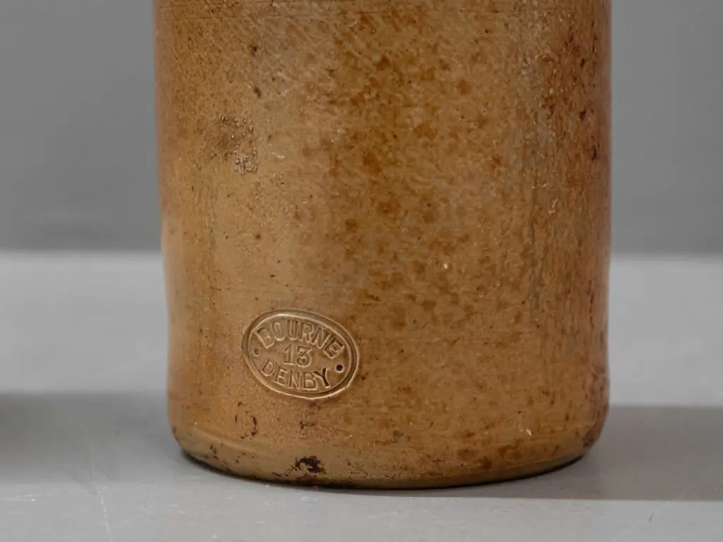 2 vintage English stoneware bottles: R White & Sons, marked Bourne Denby - and Job Wragg Birmingham, maker Price Bristol Image 1++