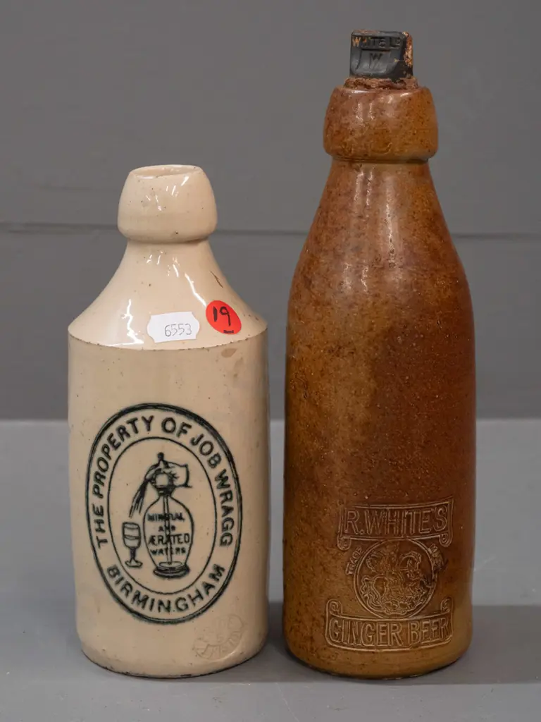 2 vintage English stoneware bottles: R White & Sons, marked Bourne Denby - and Job Wragg Birmingham, maker Price Bristol Image 1++