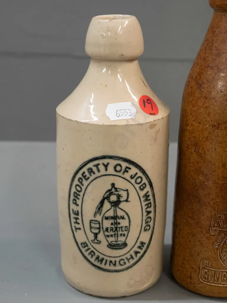 2 vintage English stoneware bottles: R White & Sons, marked Bourne Denby - and Job Wragg Birmingham, maker Price Bristol Image 1++