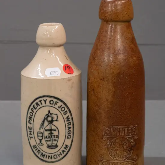 2 vintage English stoneware bottles: R White & Sons, marked Bourne Denby - and Job Wragg Birmingham, maker Price Bristol