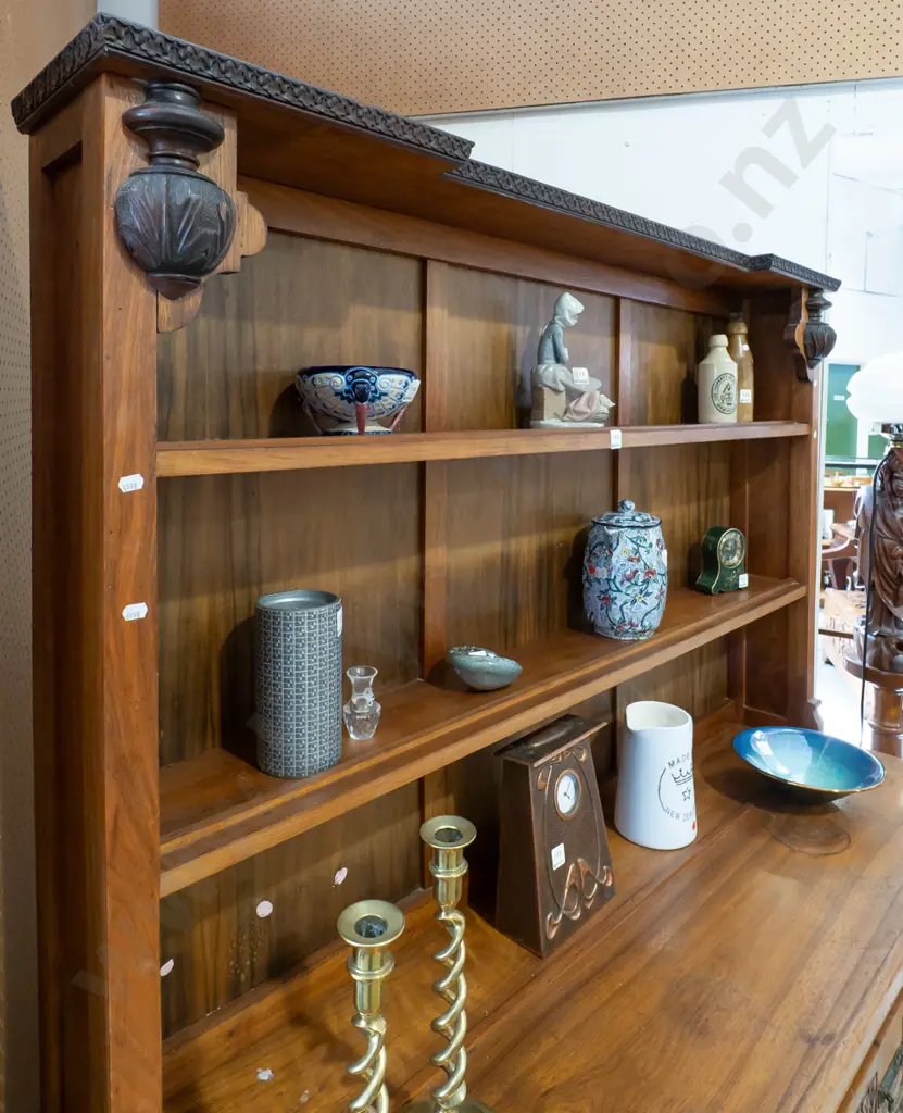 late Victorian walnut and mixed timber open-shelf sideboard with inverted break front, 4 drawers and 4 panelled doors Image 1++