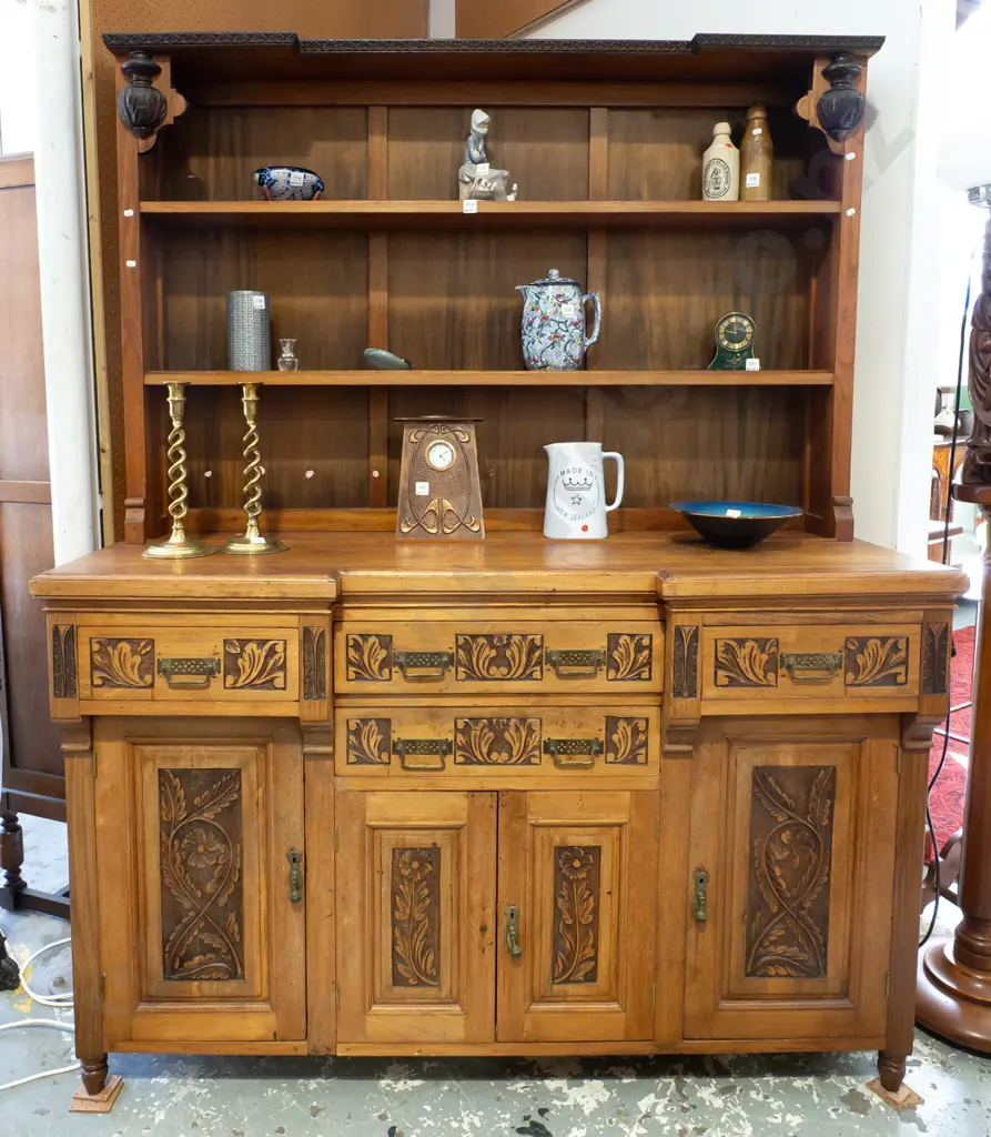 late Victorian walnut and mixed timber open-shelf sideboard with inverted break front, 4 drawers and 4 panelled doors Image 1++