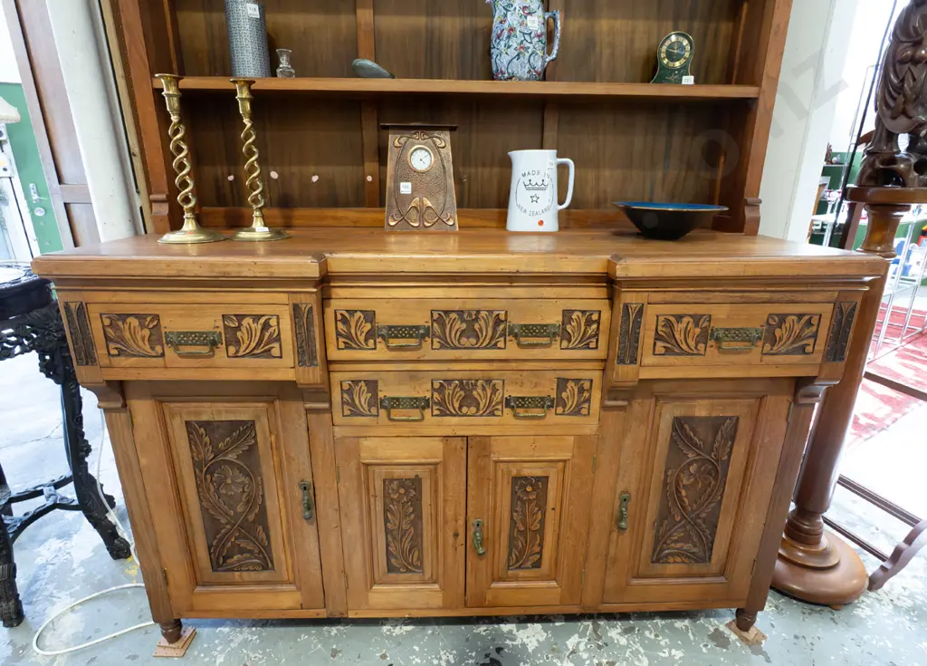 late Victorian walnut and mixed timber open-shelf sideboard with inverted break front, 4 drawers and 4 panelled doors Image 1++
