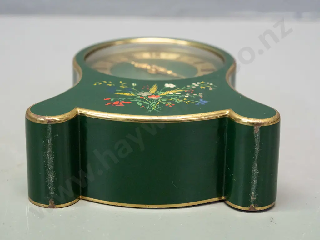 Swiss made Jaeger  "Petite Neuchateloise" alarm clock - green enamel over metal with gilt and hand painted decoration Image 1++