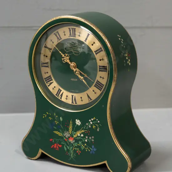 Swiss made Jaeger  "Petite Neuchateloise" alarm clock - green enamel over metal with gilt and hand painted decoration