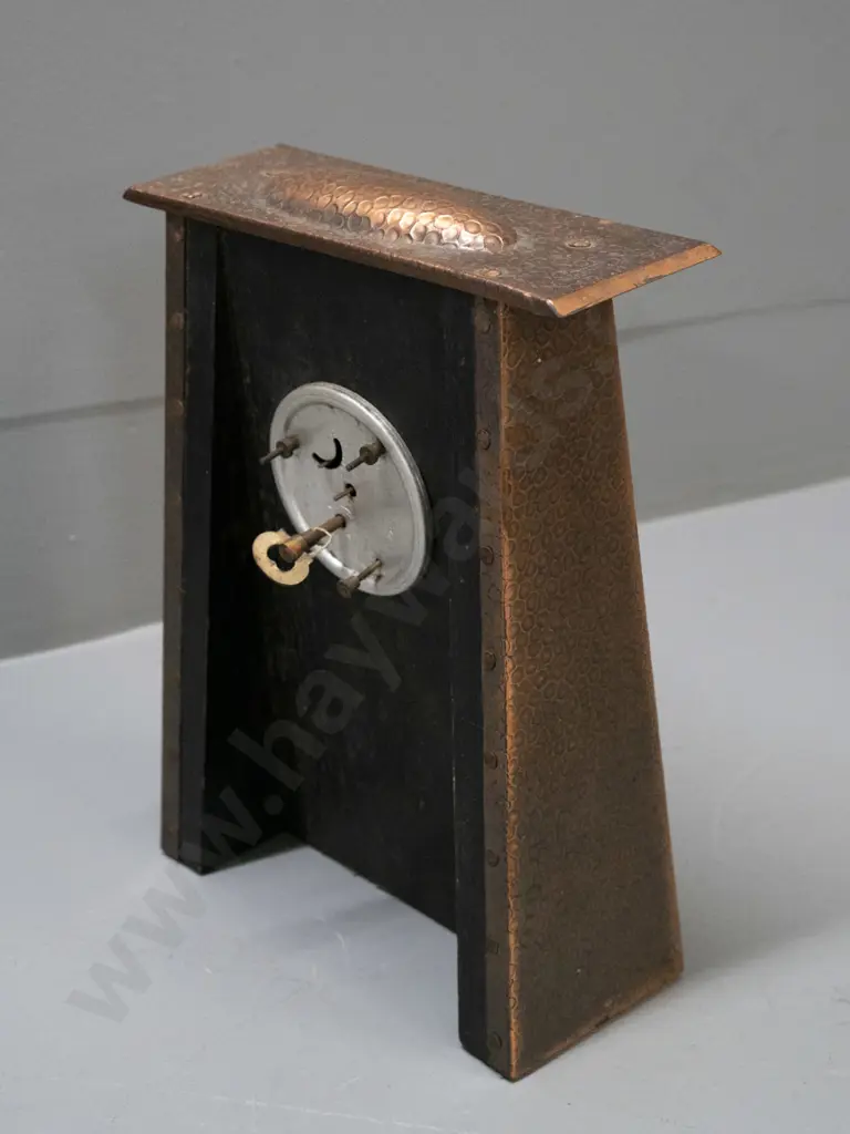 vintage art nouveau hand-beaten copper mantel clock with tapered shape, domed top, whiplash motifs, enamel faced wind-up Image 1++