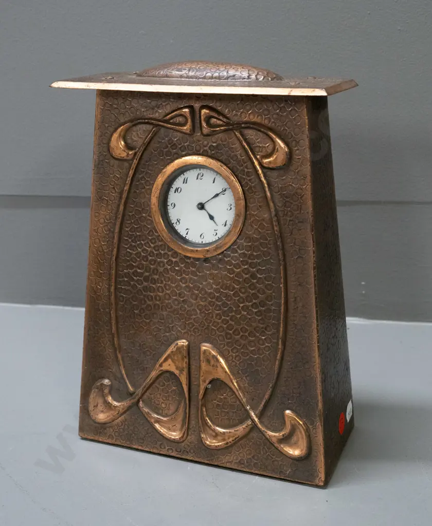 vintage art nouveau hand-beaten copper mantel clock with tapered shape, domed top, whiplash motifs, enamel faced wind-up Image 1++