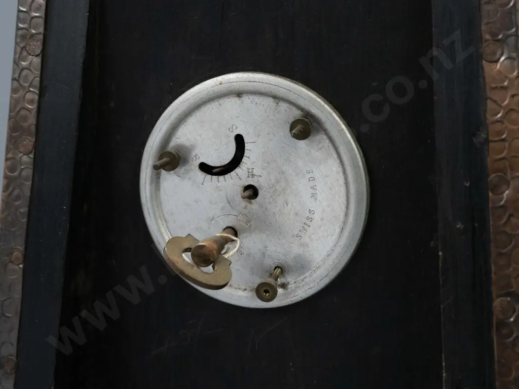 vintage art nouveau hand-beaten copper mantel clock with tapered shape, domed top, whiplash motifs, enamel faced wind-up Image 1++