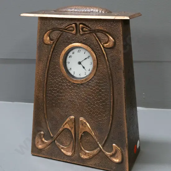 vintage art nouveau hand-beaten copper mantel clock with tapered shape, domed top, whiplash motifs, enamel faced wind-up
