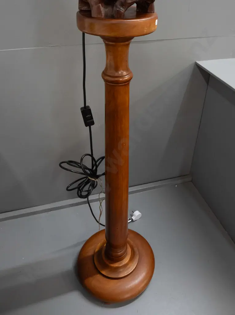 standard lamp made from Chinese carved hardwood figure attached to colonial turned kauri and rimu base, with electric Image 1++
