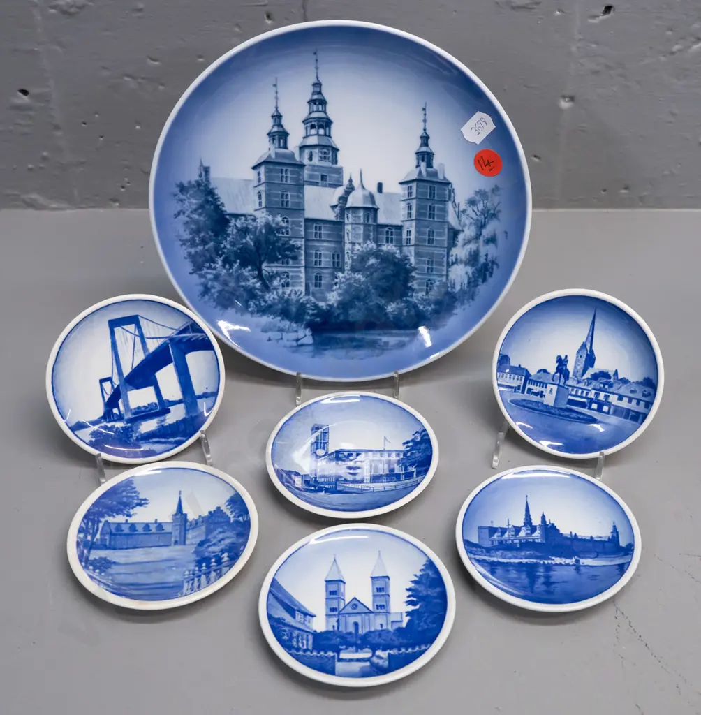 Royal Copenhagen blue and white plate with Rosenborg Castle D-180 and 6 pin dishes with various Danish locations Image 1++