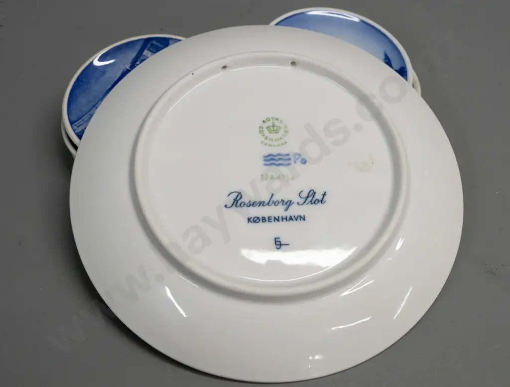 Royal Copenhagen blue and white plate with Rosenborg Castle D-180 and 6 pin dishes with various Danish locations Image 1++