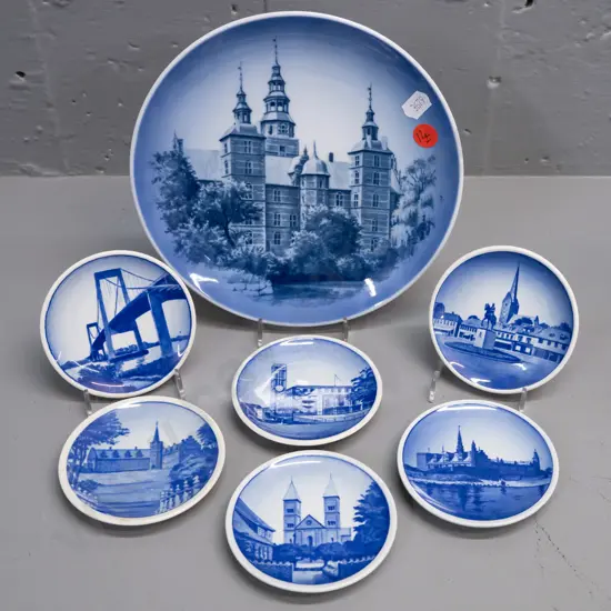 Royal Copenhagen blue and white plate with Rosenborg Castle D-180 and 6 pin dishes with various Danish locations
