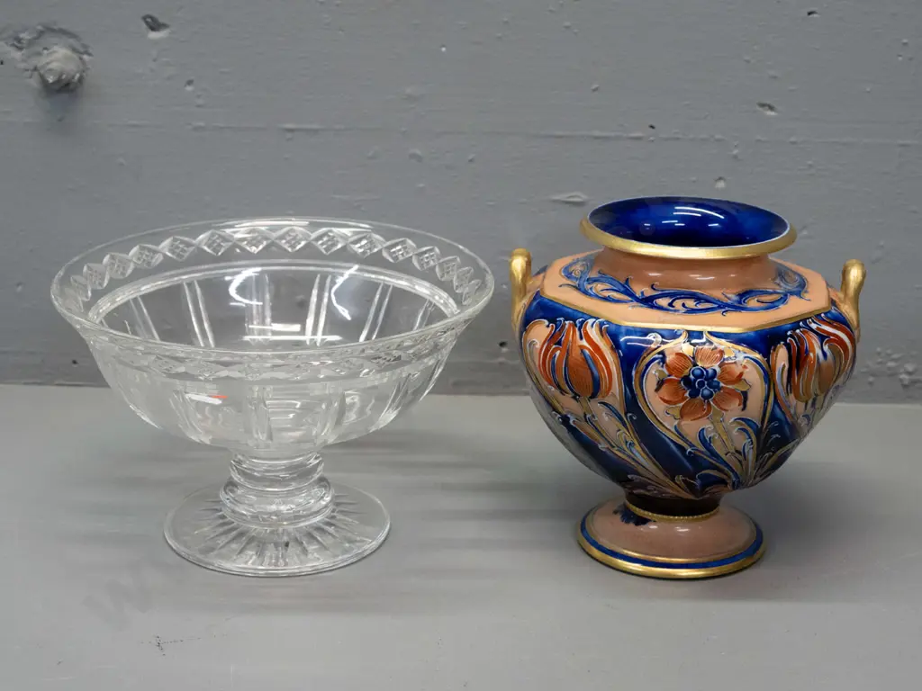 Stuart cut crystal bowl D-210 and an urn-shaped handled vase with hand-painted floral and gilt decoration, no maker's Image 1++