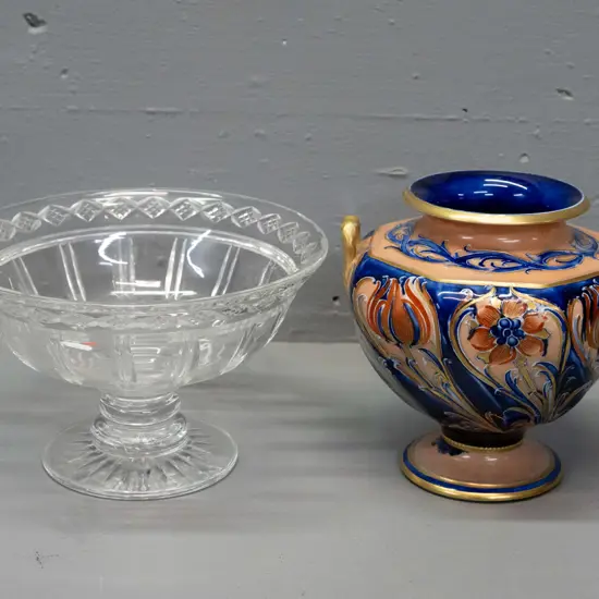 Stuart cut crystal bowl D-210 and an urn-shaped handled vase with hand-painted floral and gilt decoration, no maker's