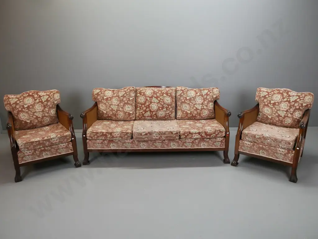 retro mahogany bergere style 3-piece lounge suite with shaped back, scrolling arms on fluted scrolling feet, floral Image 1++