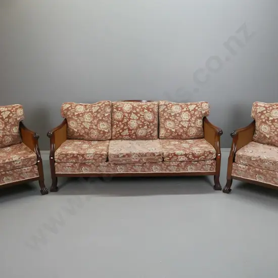 retro mahogany bergere style 3-piece lounge suite with shaped back, scrolling arms on fluted scrolling feet, floral