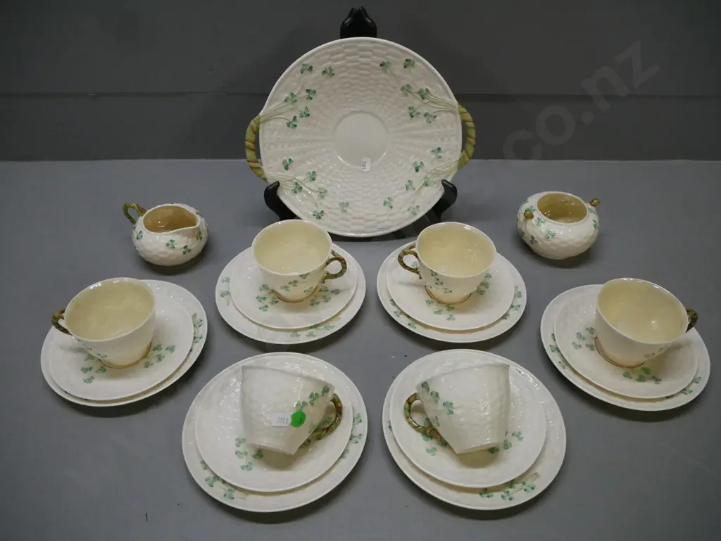 21-piece Belleek Shamrock tea set w/ 6x trios, sandwich plate, cream & sugar Image 1++