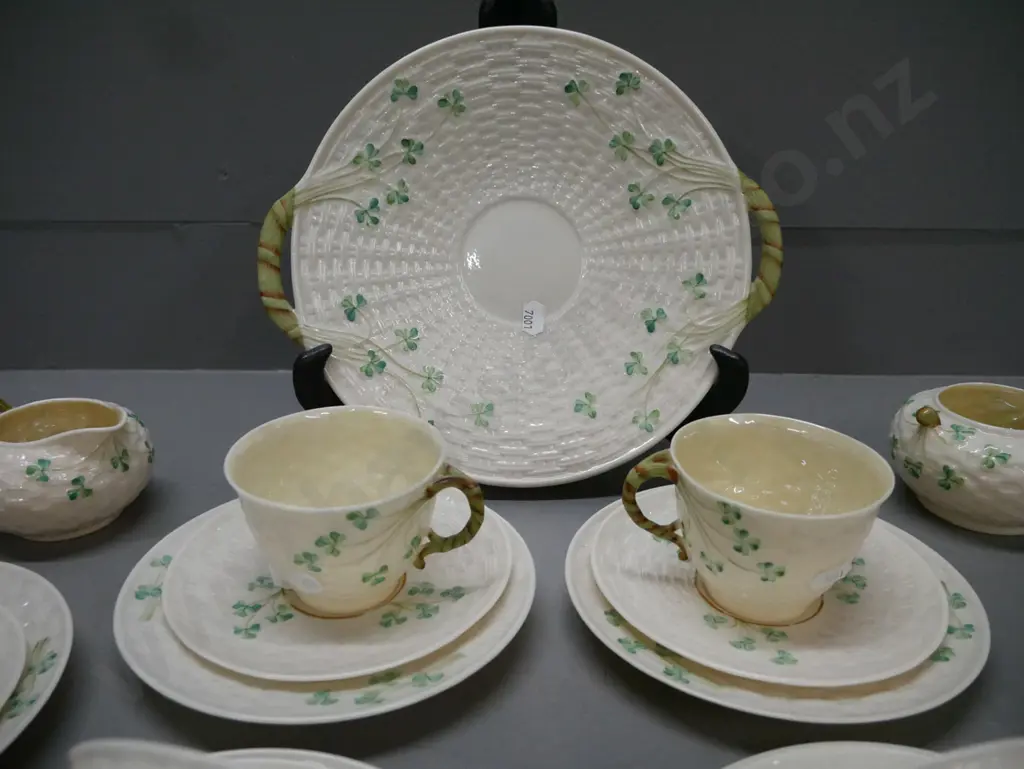 21-piece Belleek Shamrock tea set w/ 6x trios, sandwich plate, cream & sugar Image 1++