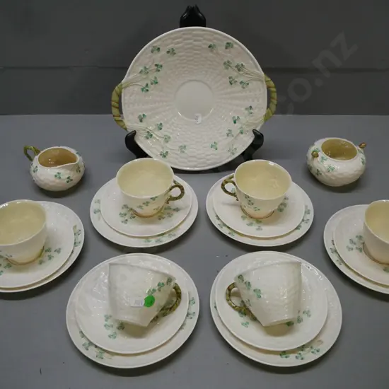 21-piece Belleek Shamrock tea set w/ 6x trios, sandwich plate, cream & sugar