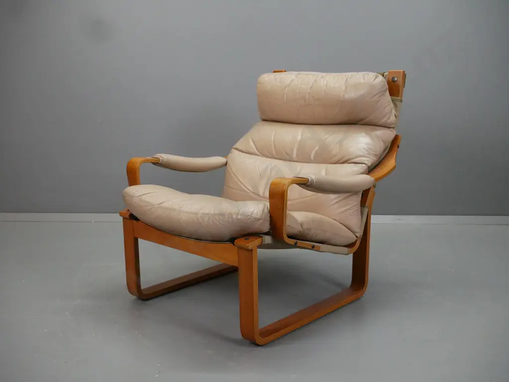 mid-century laminated bent wood teak and mixed timbers lounge chair with leather seat, back and arm pads, has new canvas Image 1++