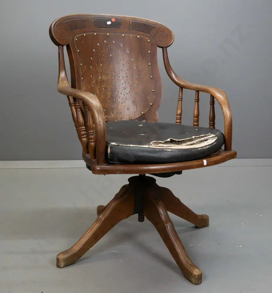 vintage oak revolving & tilting desk chair w/ figured walnut panels in back, ply seat and back - buckram covered squab Image 1++