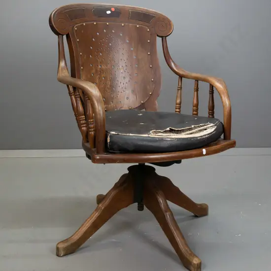 vintage oak revolving & tilting desk chair w/ figured walnut panels in back, ply seat and back - buckram covered squab