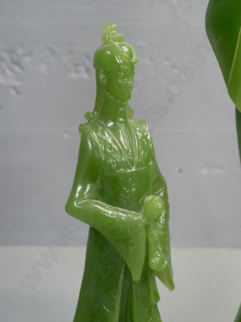 retro green faux jade composite figures - Japanese woman with "Marble Art Production NZ" label on base and smaller male Image 1++