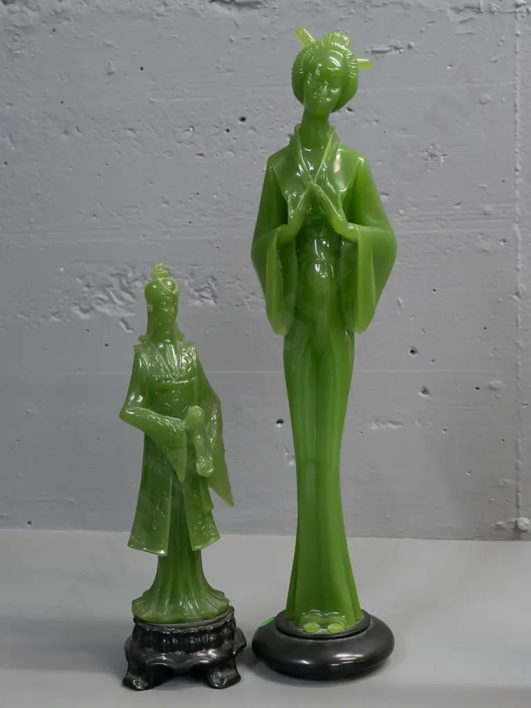 retro green faux jade composite figures - Japanese woman with "Marble Art Production NZ" label on base and smaller male Image 1++