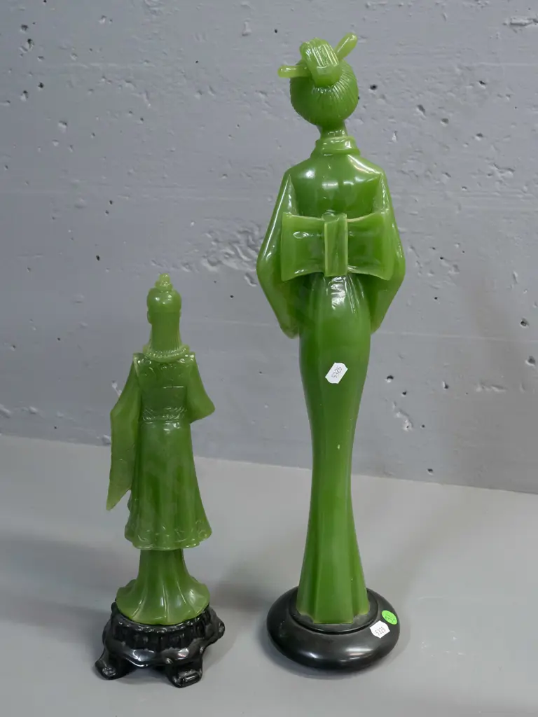 retro green faux jade composite figures - Japanese woman with "Marble Art Production NZ" label on base and smaller male Image 1++