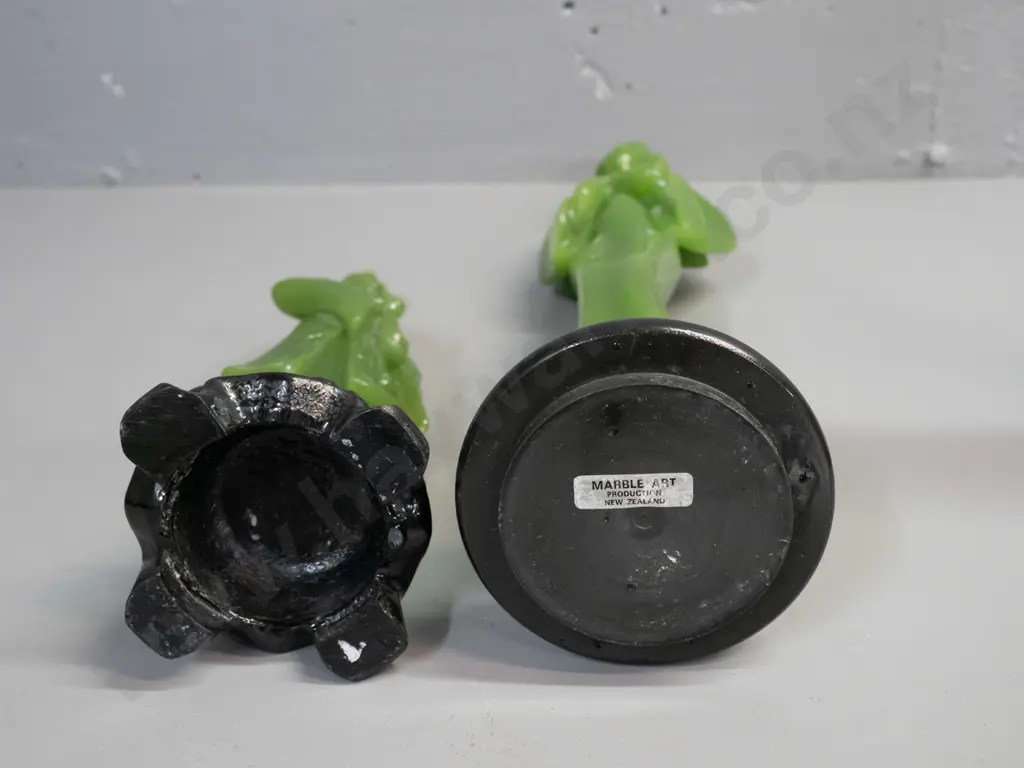 retro green faux jade composite figures - Japanese woman with "Marble Art Production NZ" label on base and smaller male Image 1++