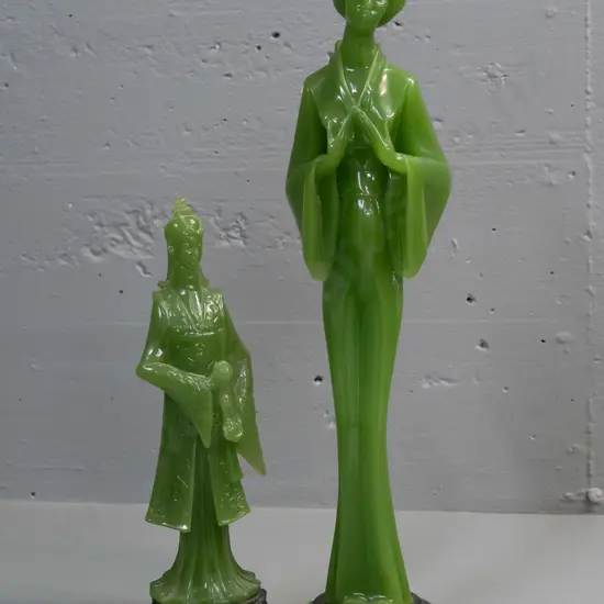 retro green faux jade composite figures - Japanese woman with "Marble Art Production NZ" label on base and smaller male