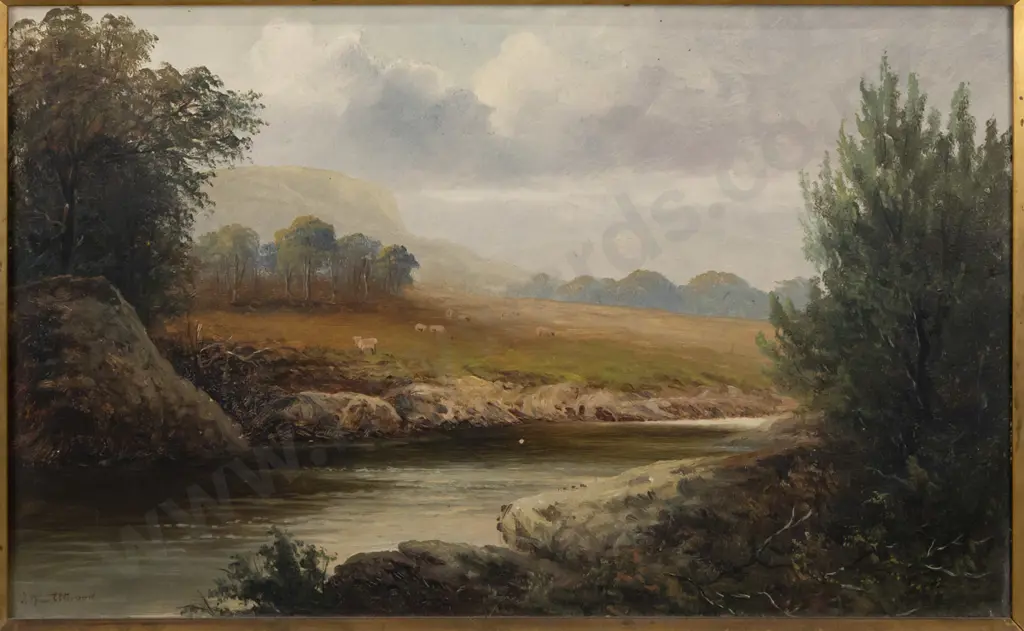 TR Attwood - gilt framed oil on board - river and landscape scene H300 W500 (damage to frame) Image 1++