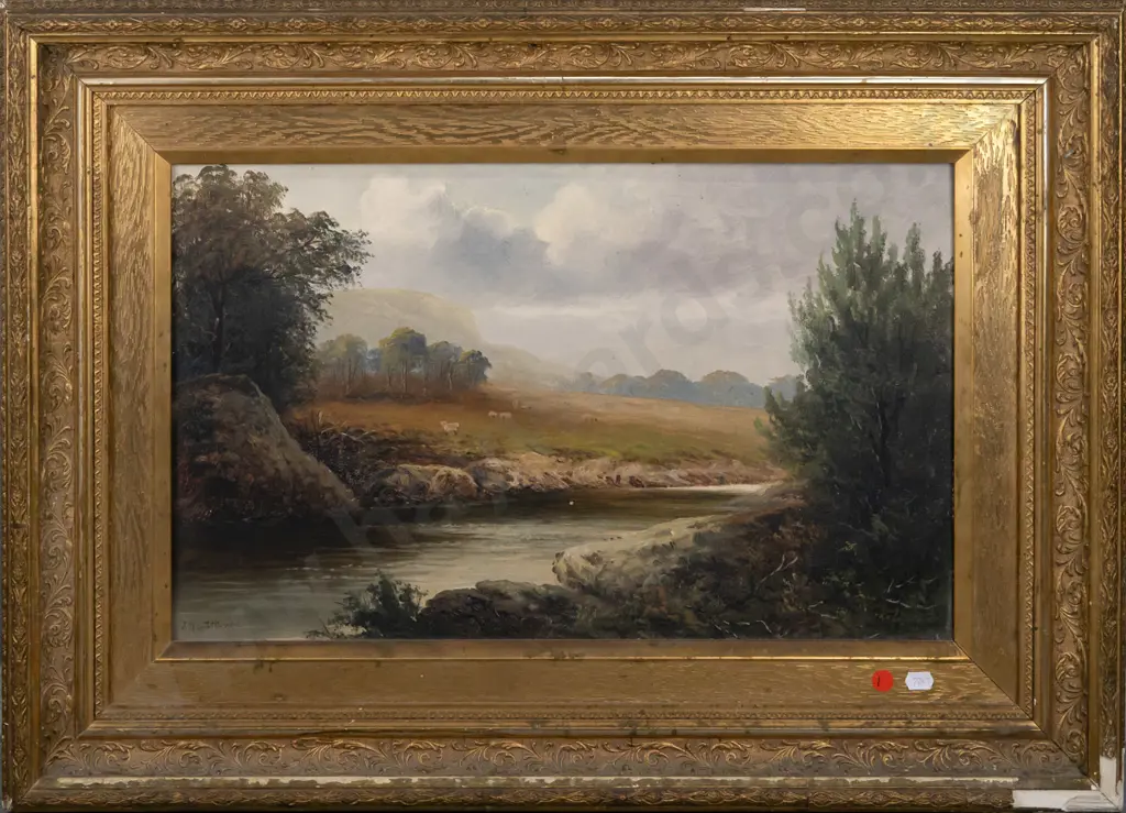 TR Attwood - gilt framed oil on board - river and landscape scene H300 W500 (damage to frame) Image 1++