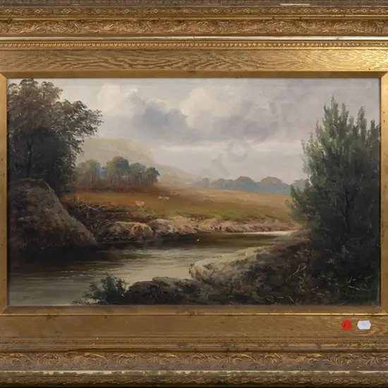 TR Attwood - gilt framed oil on board - river and landscape scene H300 W500 (damage to frame)