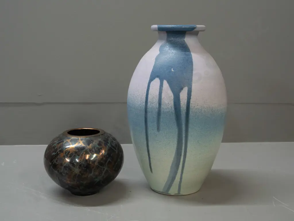 2 studio pottery vases - Peter Collis squat blue and gold H-110 with label on base and larger marked Hill-Scully H-300 Image 1++