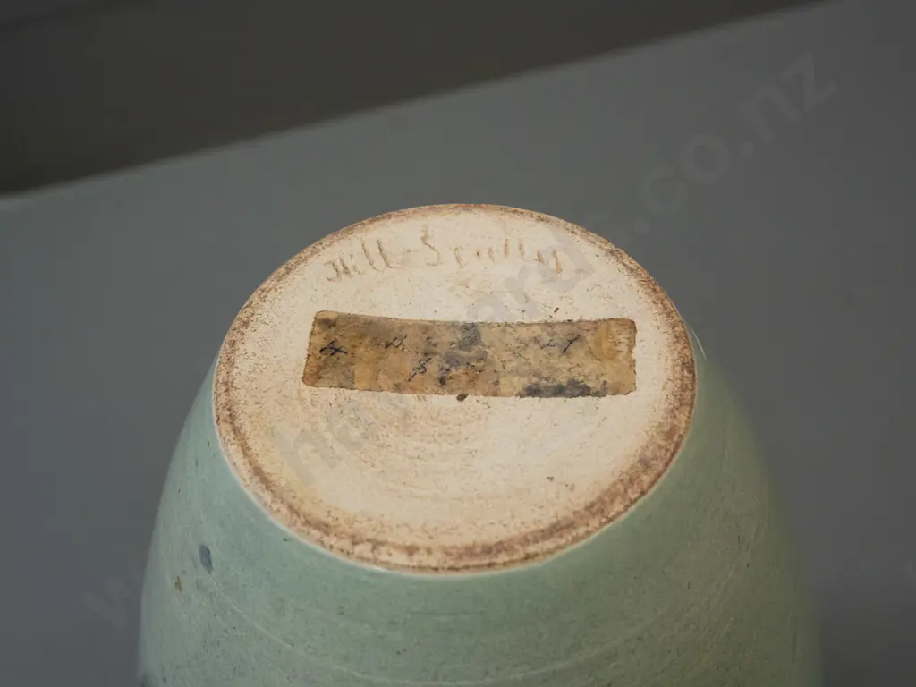 2 studio pottery vases - Peter Collis squat blue and gold H-110 with label on base and larger marked Hill-Scully H-300 Image 1++