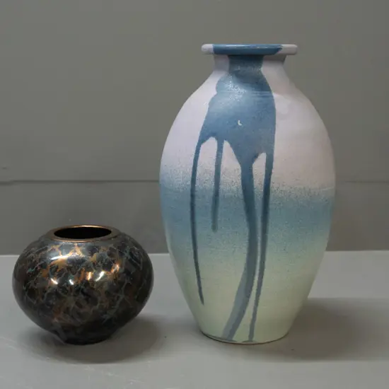 2 studio pottery vases - Peter Collis squat blue and gold H-110 with label on base and larger marked Hill-Scully H-300
