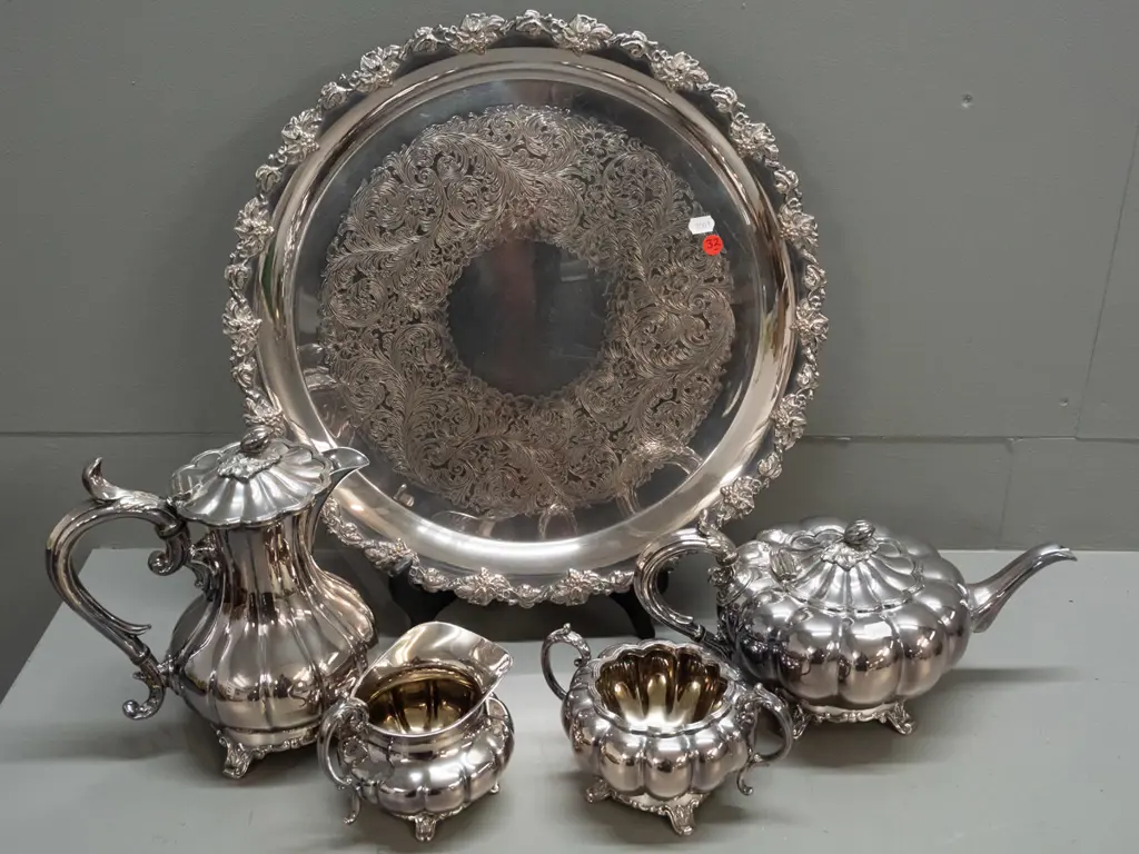 silver plated tea service and tray - lobed shape, scrolling feet & acorn finials, marked James Dixon & Sons Sheffield & Image 1++