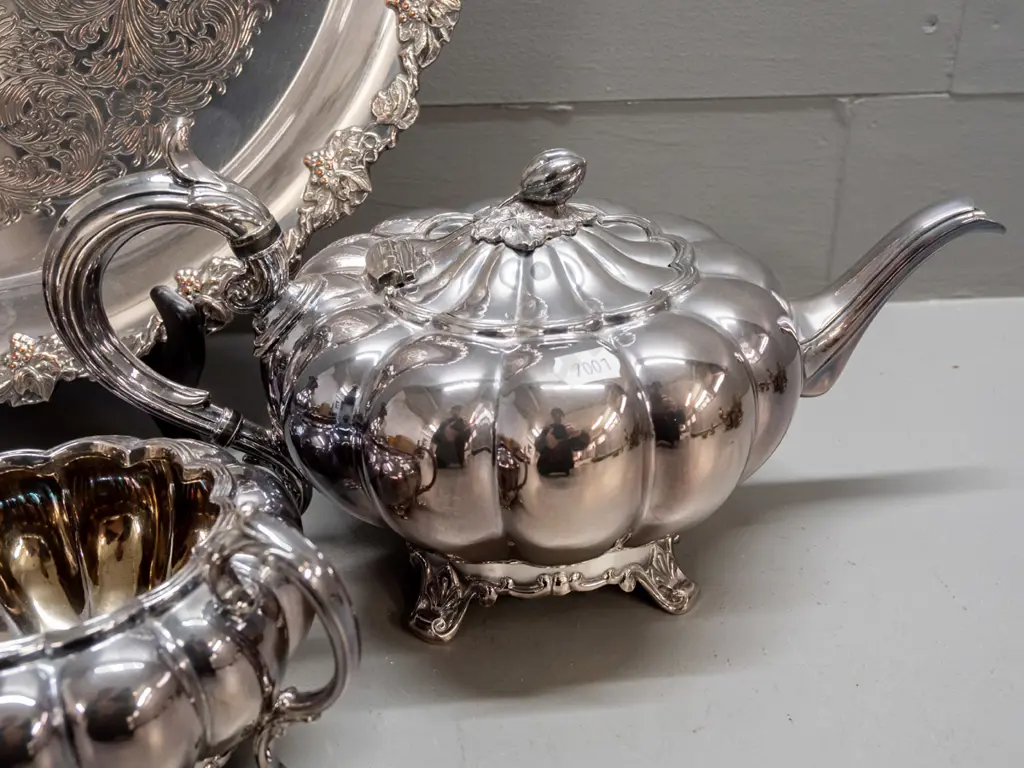 silver plated tea service and tray - lobed shape, scrolling feet & acorn finials, marked James Dixon & Sons Sheffield & Image 1++