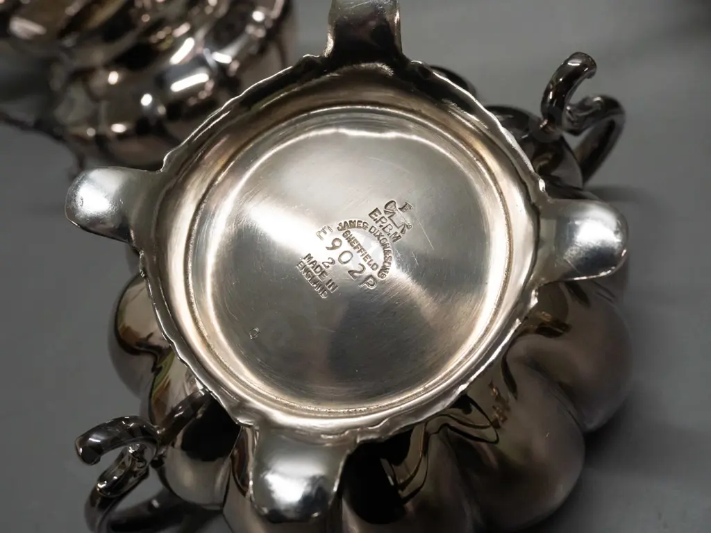 silver plated tea service and tray - lobed shape, scrolling feet & acorn finials, marked James Dixon & Sons Sheffield & Image 1++