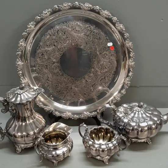 silver plated tea service and tray - lobed shape, scrolling feet & acorn finials, marked James Dixon & Sons Sheffield &