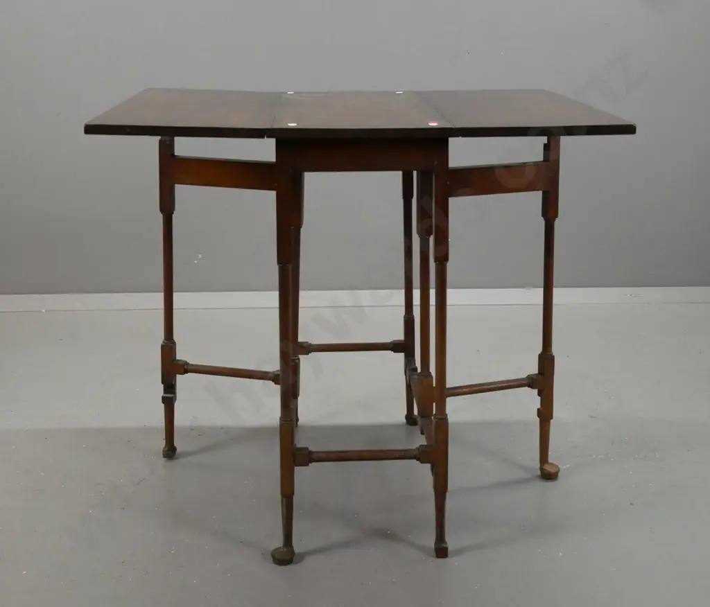 Edwardian vintage mahogany drop-side table with turned supports & stretcher base on pad feet Image 1++