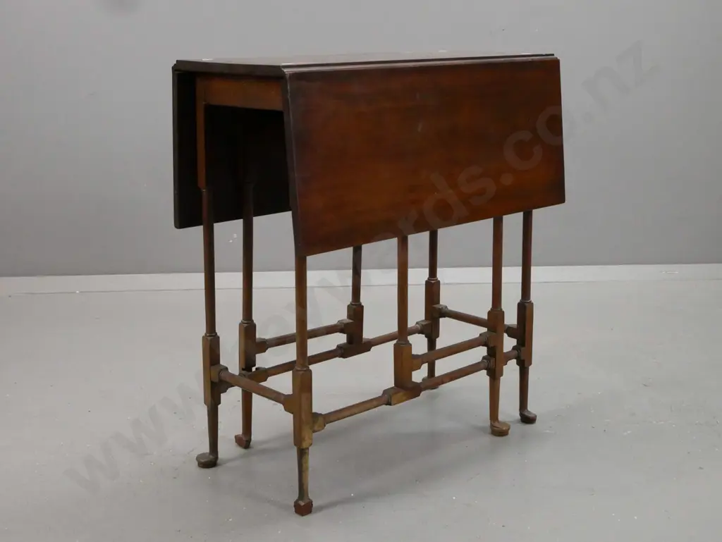 Edwardian vintage mahogany drop-side table with turned supports & stretcher base on pad feet Image 1++