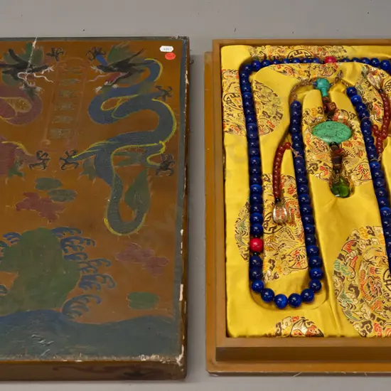 set of Chinese "court" beads in fitted, fabric lined laquered wooden box - blue, red and clear glass beads with stone
