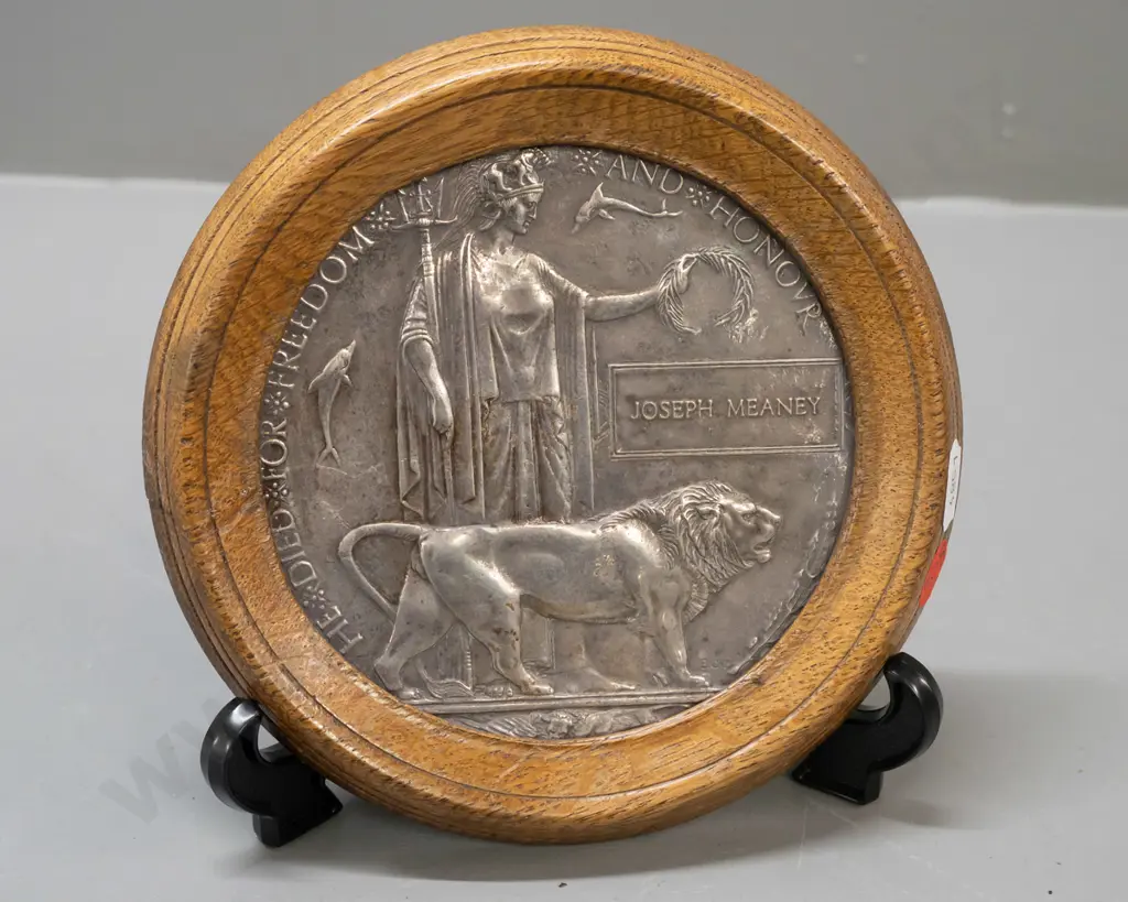 WWI memorial plaque in oak frame for Joseph Meaney D-160 Image 1++