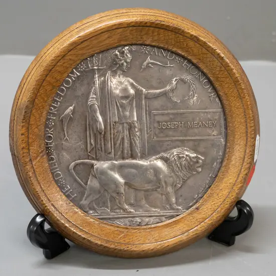WWI memorial plaque in oak frame for Joseph Meaney D-160